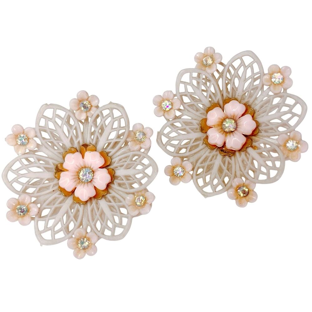 VTG Signed Coro 1950s Earrings Mid Century Thermoplastic Floral AB Rhinestones